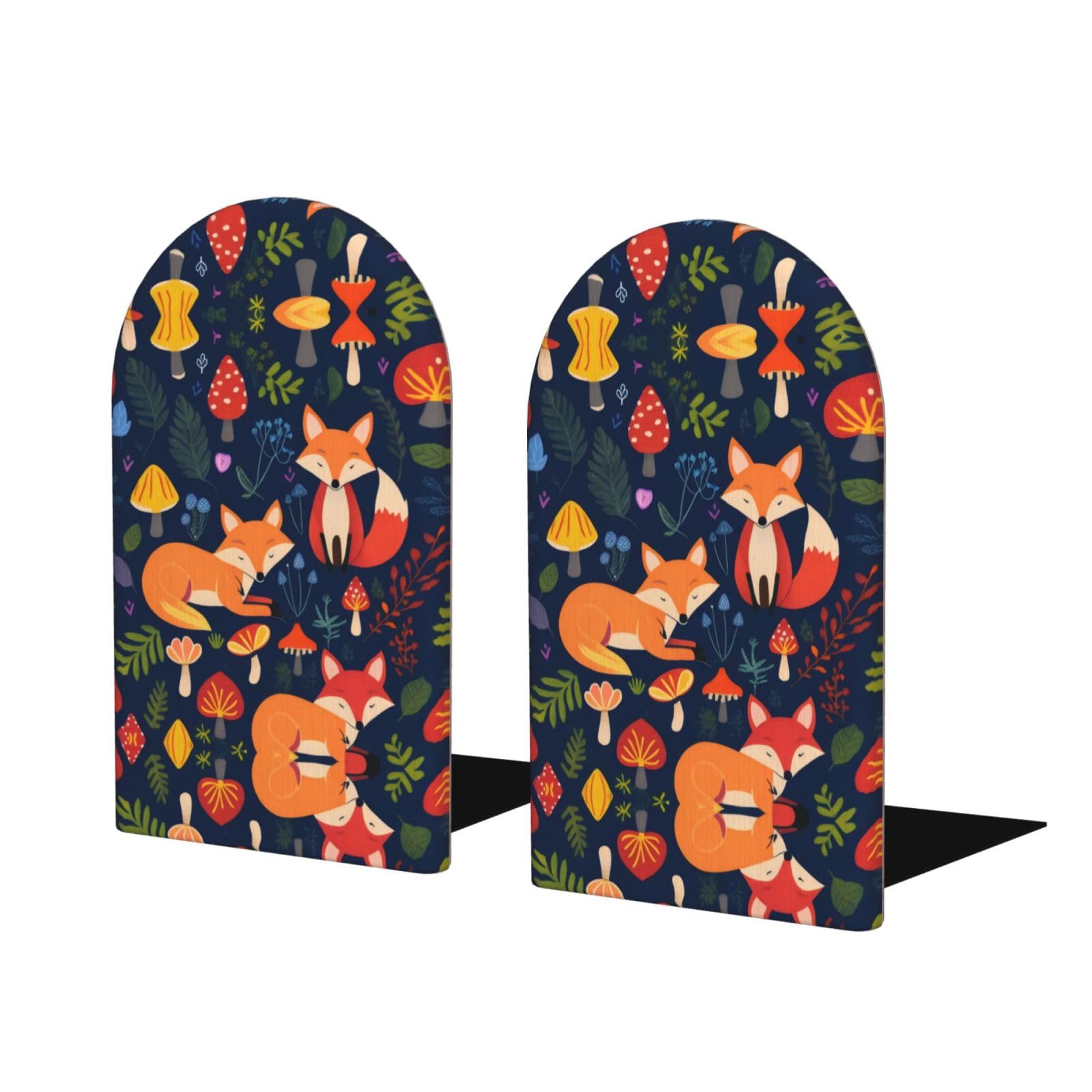 Cute Animal Fox Flower (1) Stylish Bookends with Full-Print Design Durable Wooden and Metal Bookend Set for Home, Office