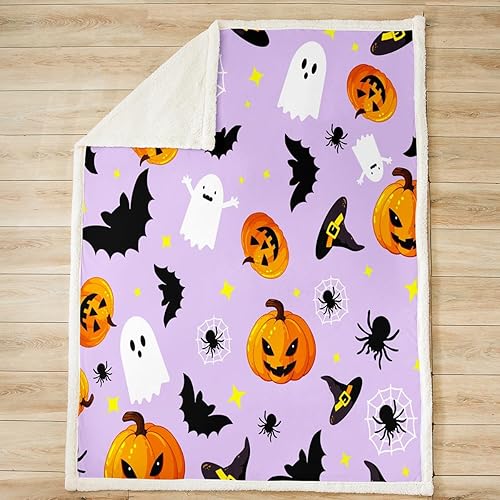 Miniatura 2 de Manfei Manta de fantasmas lindos de Halloween, farol de calabaza para sofá, manta de cama de murciélago negro para decoración de habitación de niños