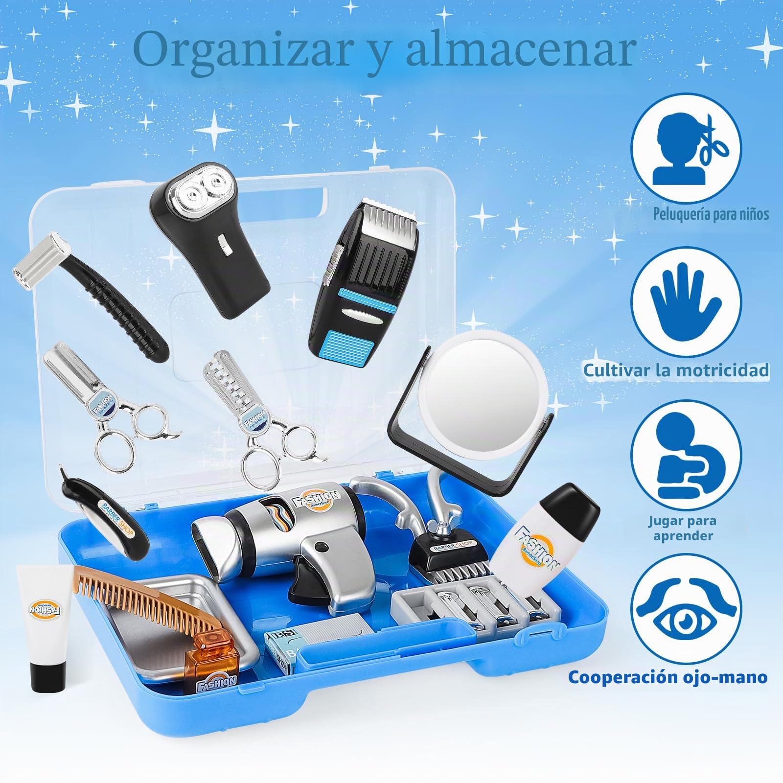 deAO Estilismo y Peluquería Juego de Barbero a la Moda, Piezas de salón de Belleza, Juego de Simulación de Peluquería con Secador de Pelo y Otros Accesorios, Kit de Maquillaje Simulado para Niños