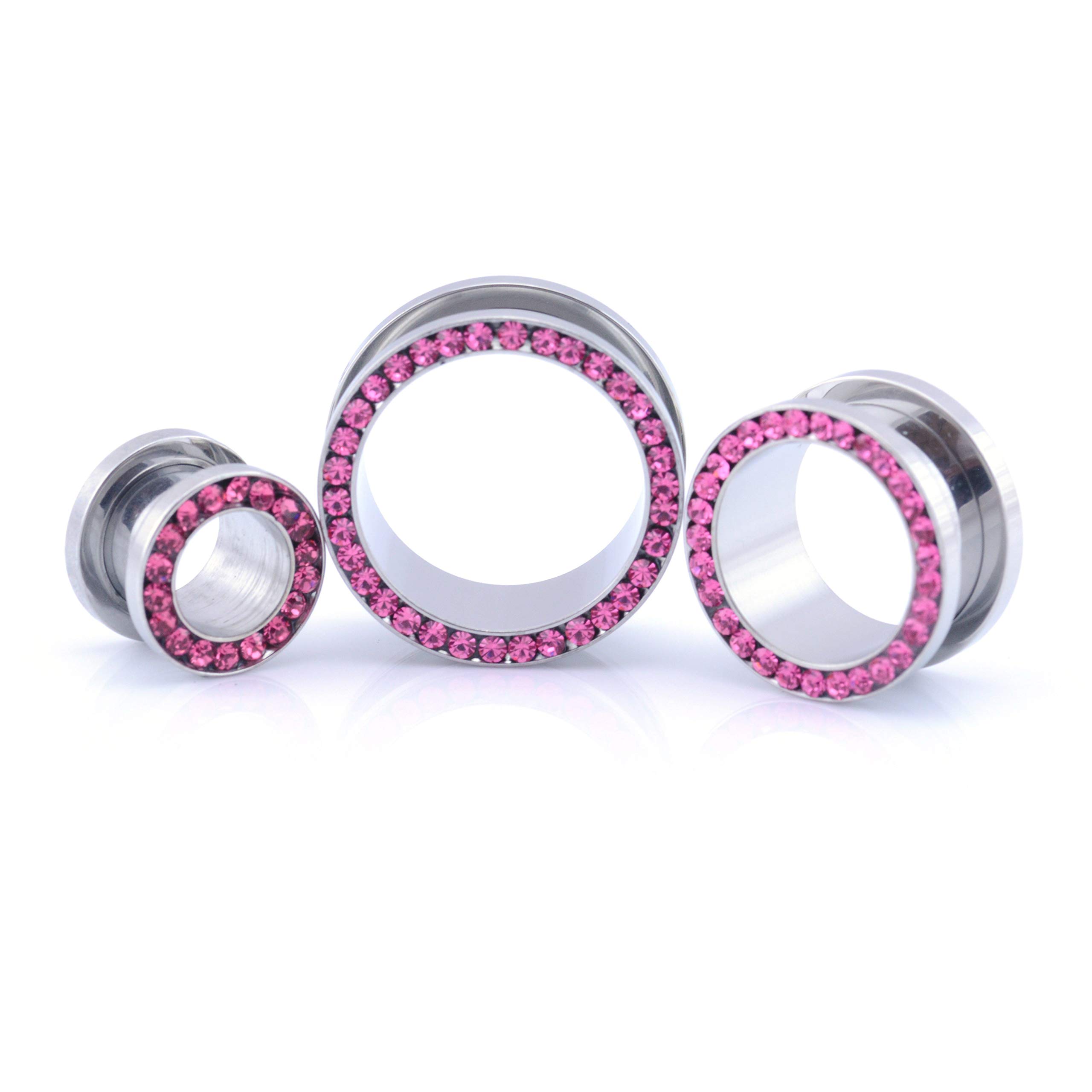 Vault 101 LimitedSurgical Steel Multi Crystal Rimmed Screw Fit Ear Stretcher Flesh Tunnel/Plug - Pink GEMS