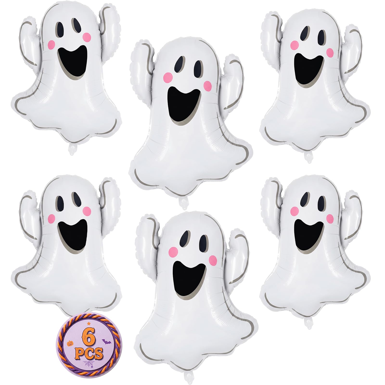 Pinkgarden 6 Pack Cute Ghost Foil Balloons, White Ghost Mylar Balloons, Halloween Ghost Aluminum Balloons, Halloween Party Decorations Supplies for Indoor Outdoor Haunted House Decor