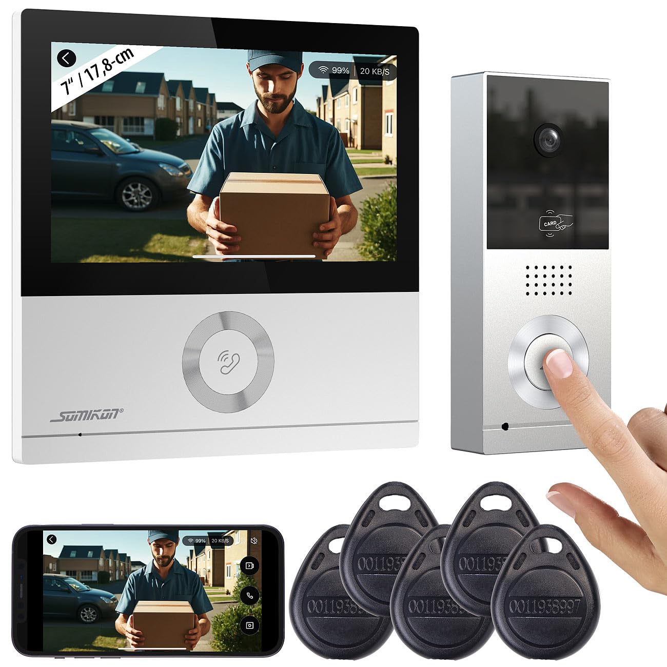 Somikon Türsprechanlage: WLAN-Full-HD-Video-Gegensprechanlage mit 17,8-cm-Touchscreen (7"), App (Gegensprechanlage mit Kamera, Video Türsprechanlage WLAN, Funk)