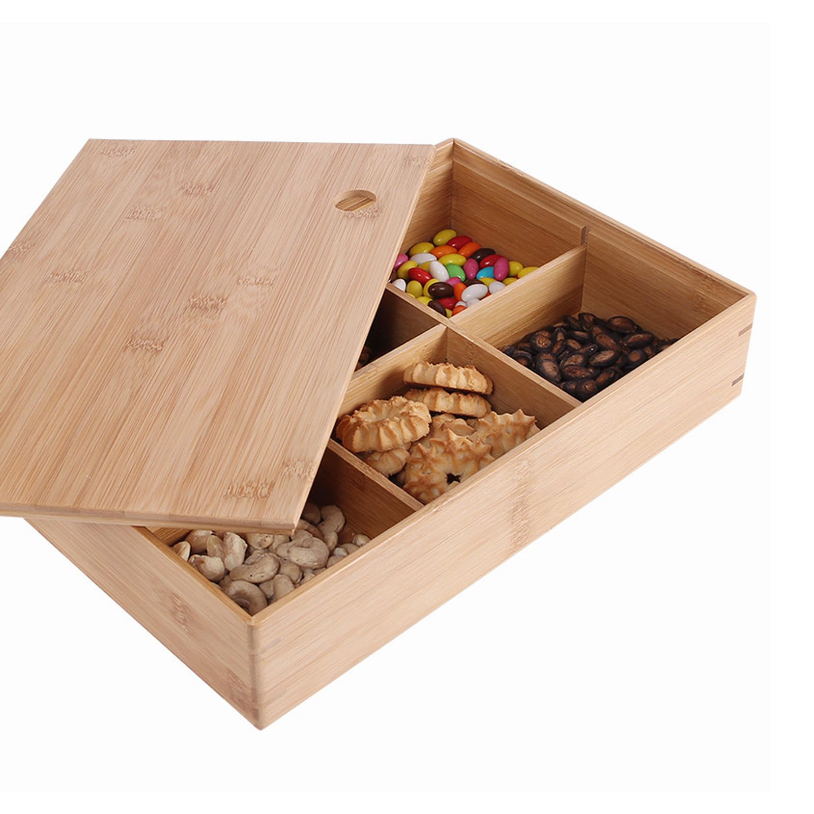 Modern 6-Grid Wooden with Lid, Food Safe Multi-Compartment Tray for Kitchen Countertop Candy Nut Storage Wooden Divided Serving Tray for Nut and Candy