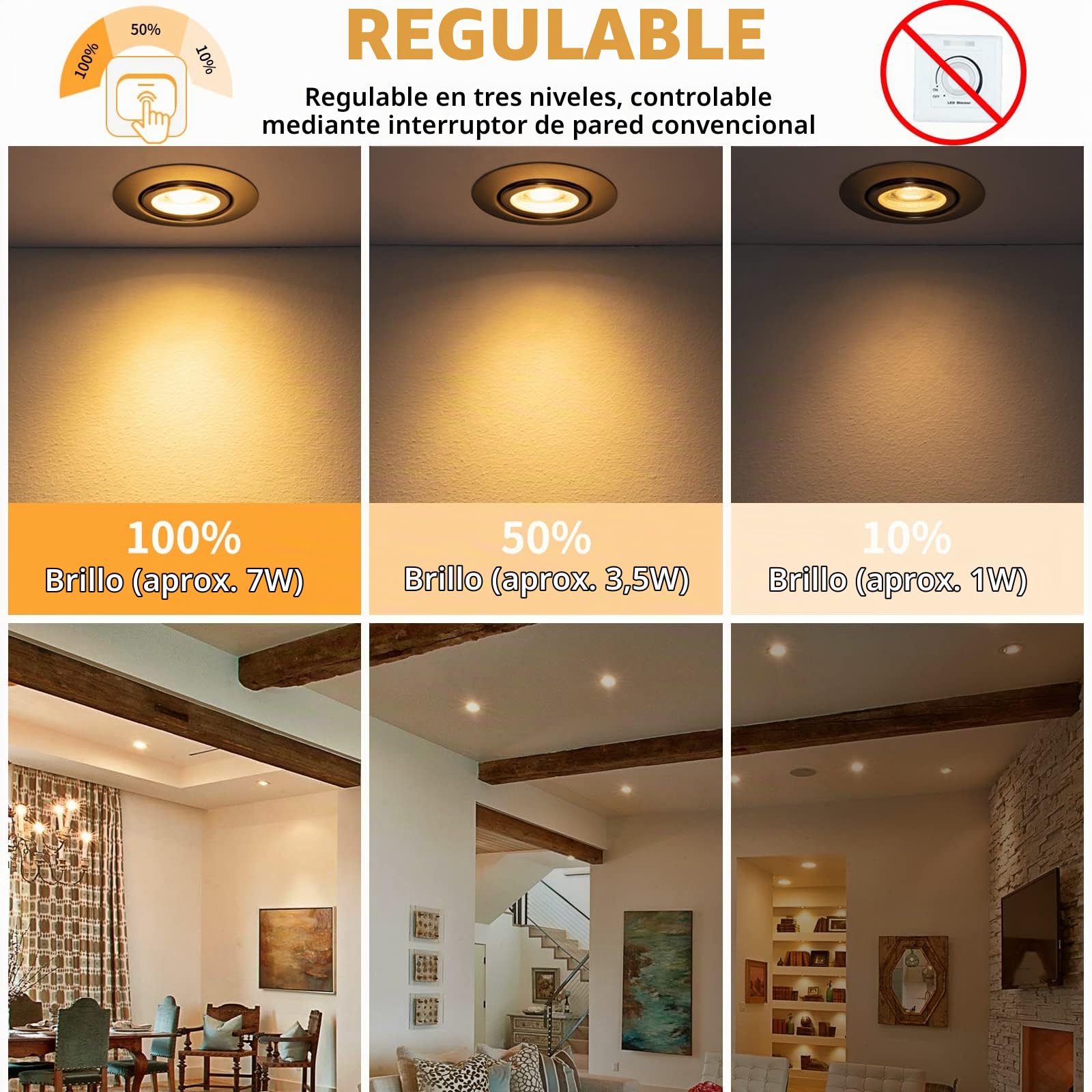 wowatt Pack 10 Downlight LED Techo Empotrable Regulable 7W Blanco Calido | 2800K 700LM Foco Empotrable LED IP44, Corte 68-75mm, Metal Ojos de Buey para Techo 230V Extraplano Rotable para Baño Cocina