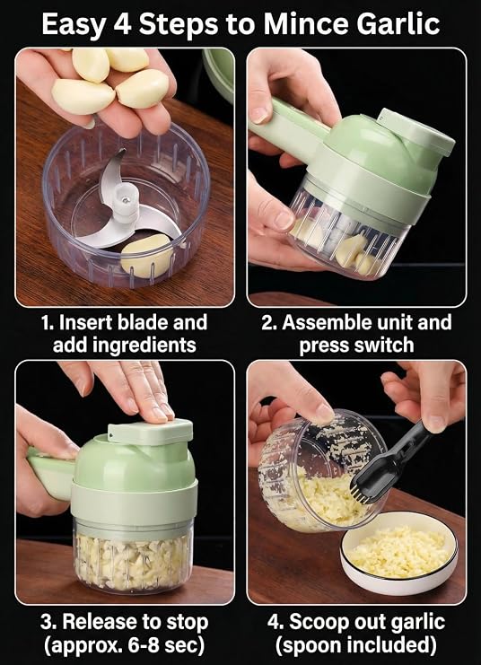 Multi functional electric vegetable slicers,4-in-1vegetable cutter, garlic chopper mini, garlic food processor, electric wireless food slicer