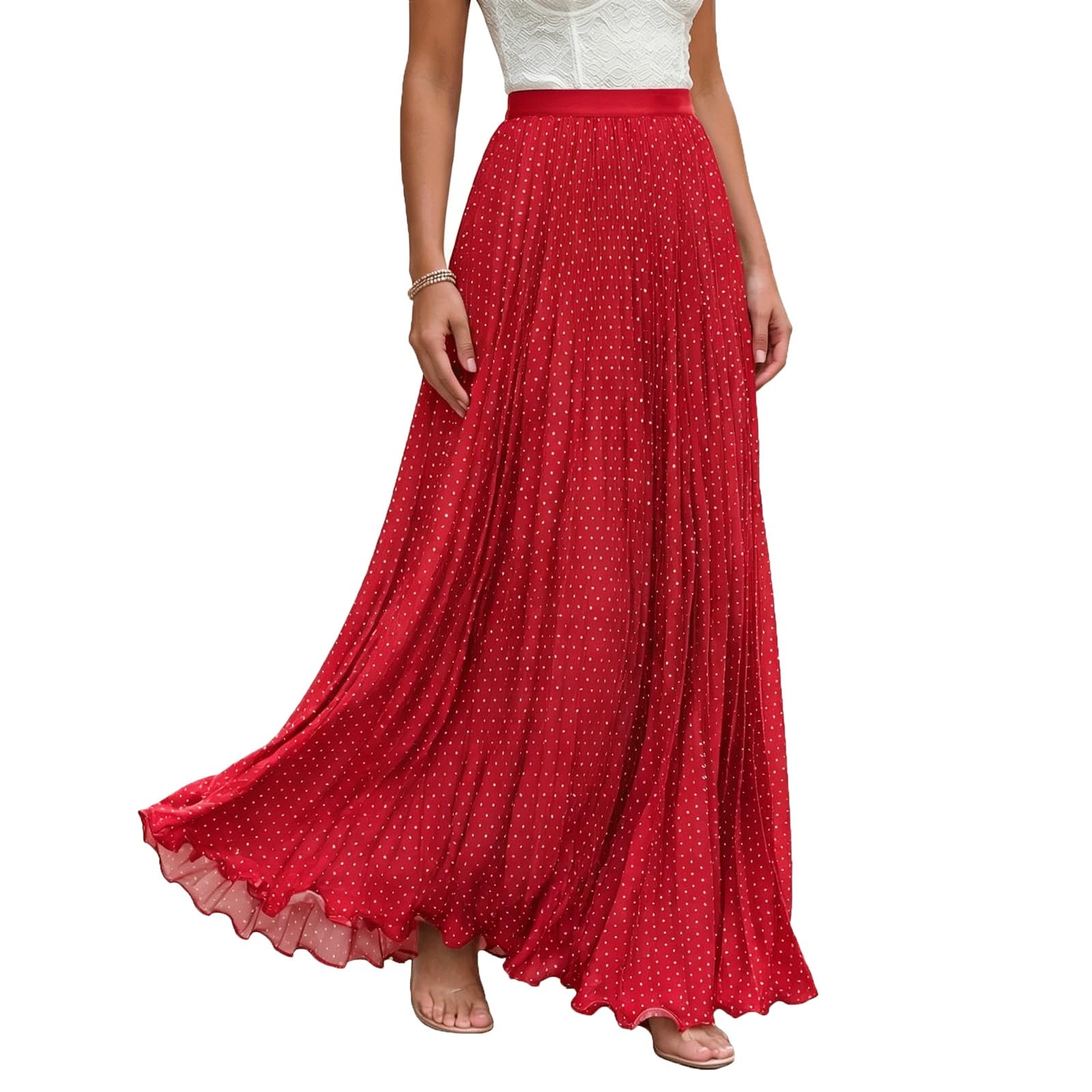 Midi Long Skirt Pleated Women's Maxi Skirts Polka Dot Printed(Rot,Lagre)