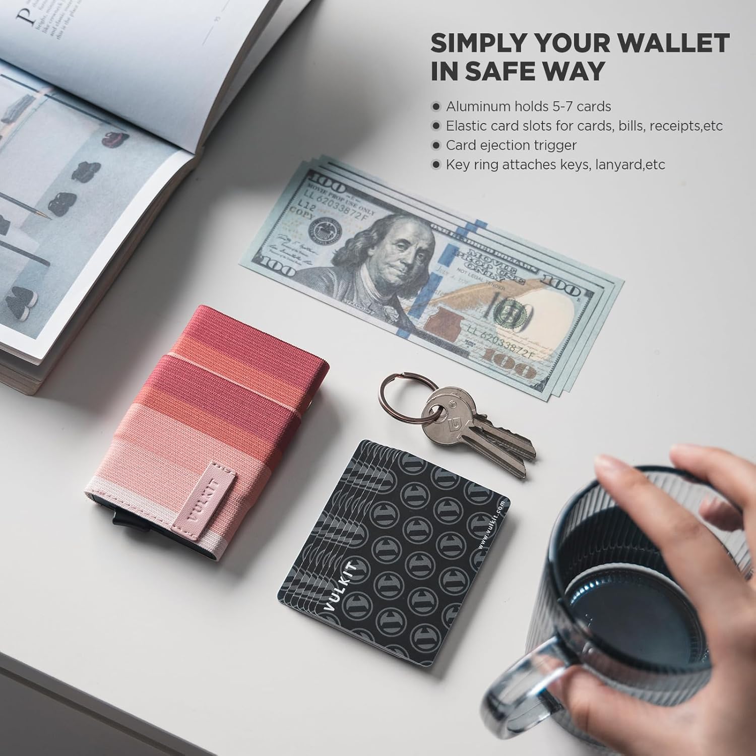 VULKIT Pop up Wallet for Women with Keychain, RFID Blocking Minimalist Slim Credit Card Holder for Gift Stripe Pink - Image 3