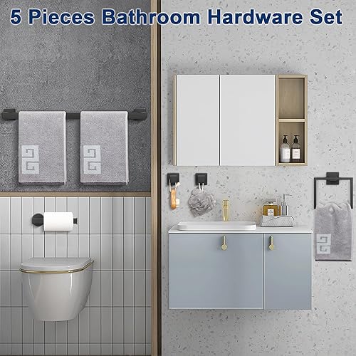 Miniatura 3 de NearMoon Juego de 5 piezas de accesorios de baño de acero inoxidable 304, kit de toallero cuadrado - Barra de toalla de 24 pulgadas + anillo de