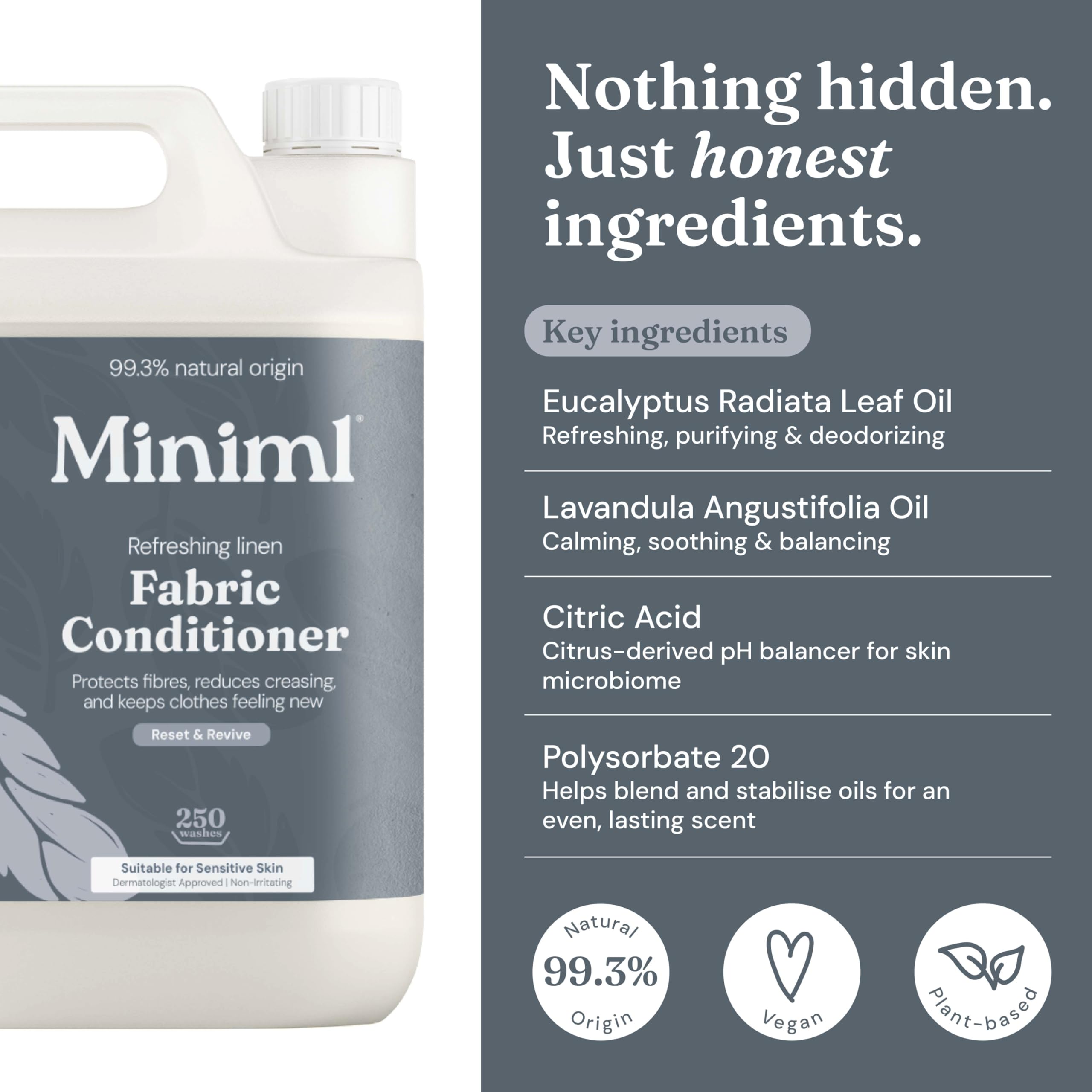 Miniml Adoucissant et revitalisant Eco, recharge de 5 litres - Adoucissant naturel au lin frais pour peaux sensibles - 100% végétalien et sans cruauté envers les animaux (250 lavages)
