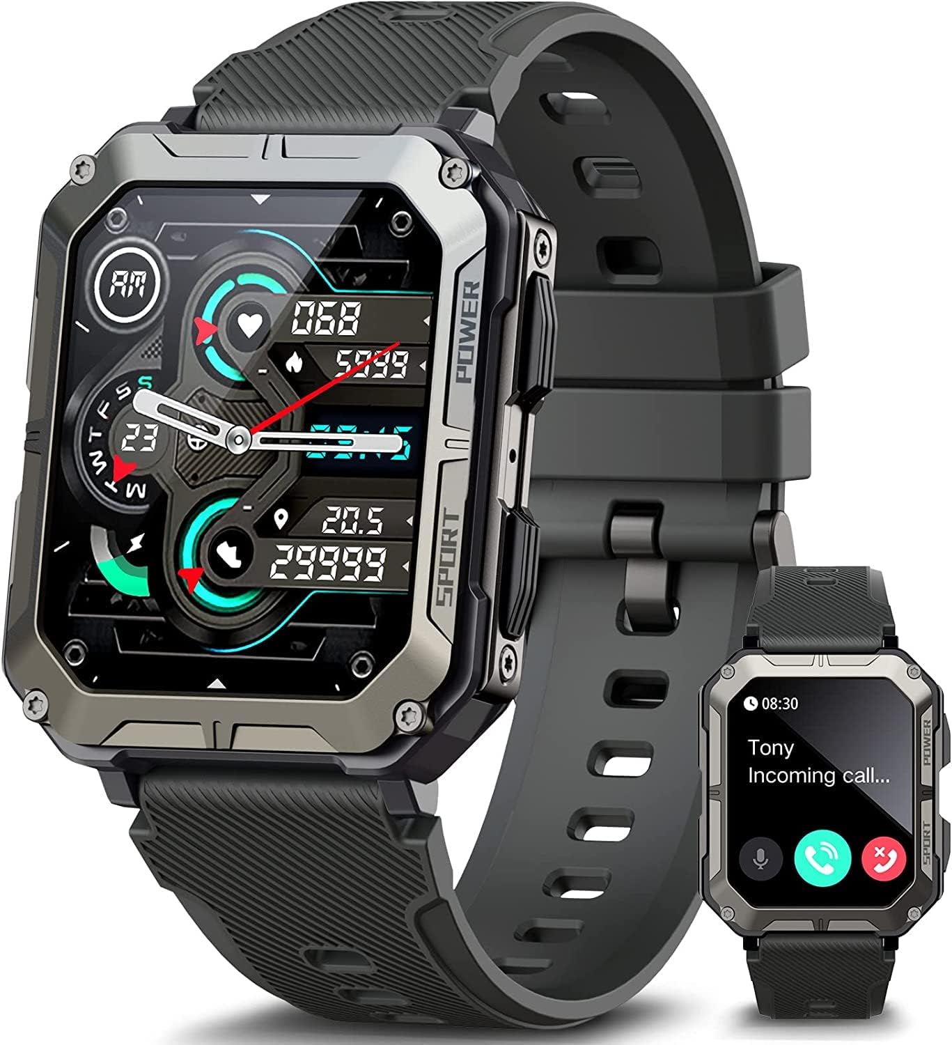 ZONEY Military Rugged Smartwatch for Men,Sport Watch with Answer/Make Call IP68 1.83 inch Fitness Tracker Pedometer SpO2 for Outdoor Enthusiasts (Black)