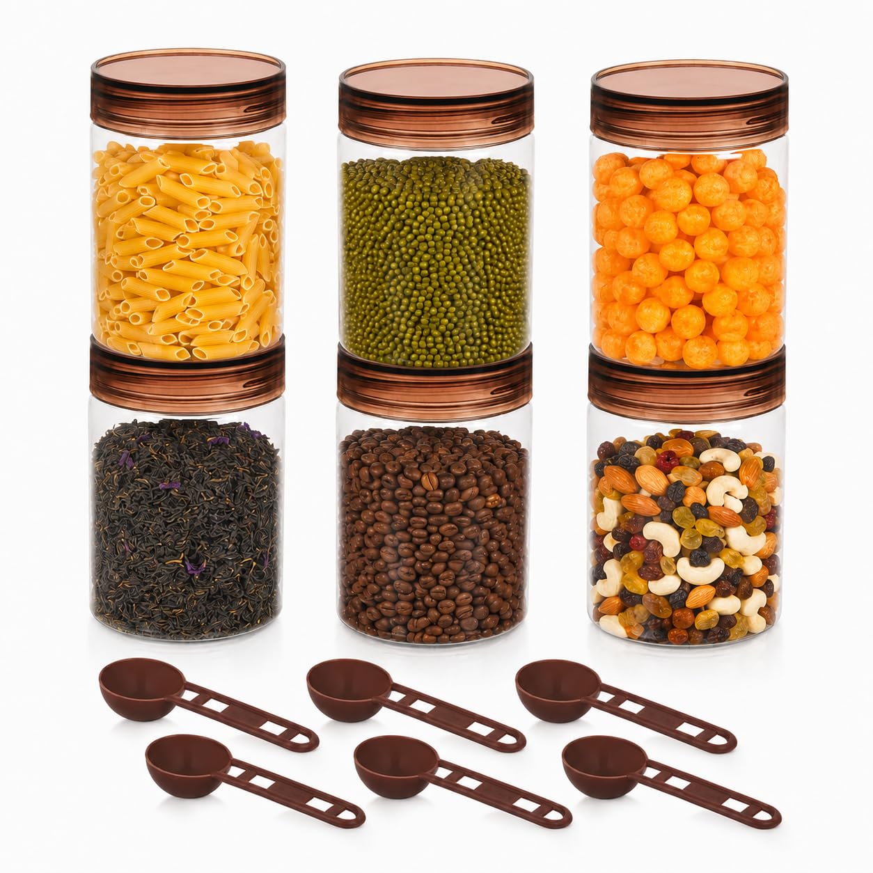 Homeor Lot de 6 bocaux de rangement en plastique avec cuillère, récipients hermétiques et sans BPA pour le rangement de la cuisine, les courses, les courses, les récipients de rangement pour