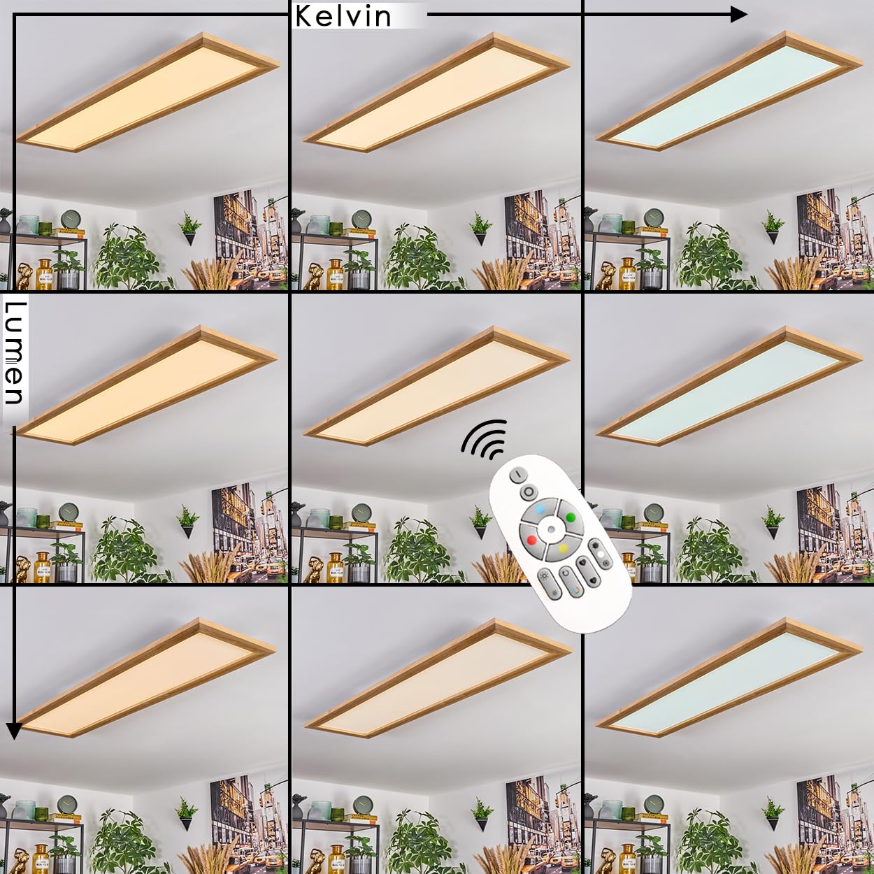 HOFSTEIN LED Deckenpanel Belan, dimmbare Deckenleuchte aus Metall/Holz/Kunststoff in Weiß/Natur, 37W, 3900L, 2700-6500 K, CCT einstellbar, Smart Home/App/Fernbedienung, Wohnzimmer, Schlafzimmer, Küche
