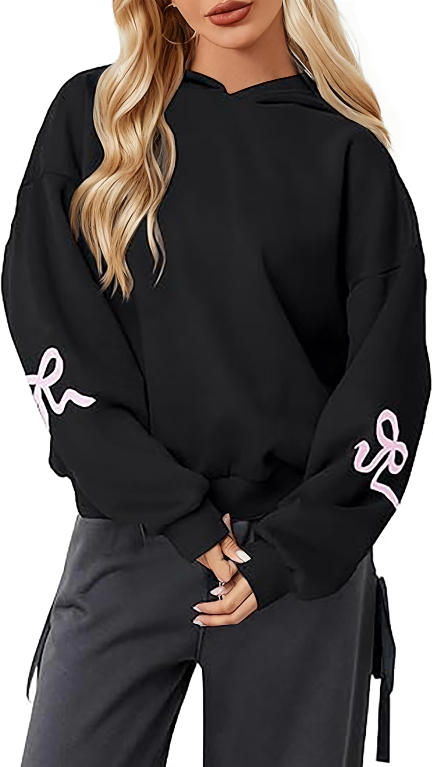 Felpe con cappuccio da donna con stampa a fiocco in pile oversize felpe con cappuccio a maniche lunghe carino grafica spalla goccia pullover top