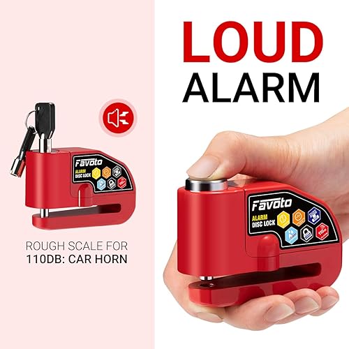 Miniatura 5 de Favoto Bloqueo de disco de alarma, 3 llaves y 18 baterías (5 años de disponibilidad), candado de freno de seguridad antirrobo impermeable de 110 dB,