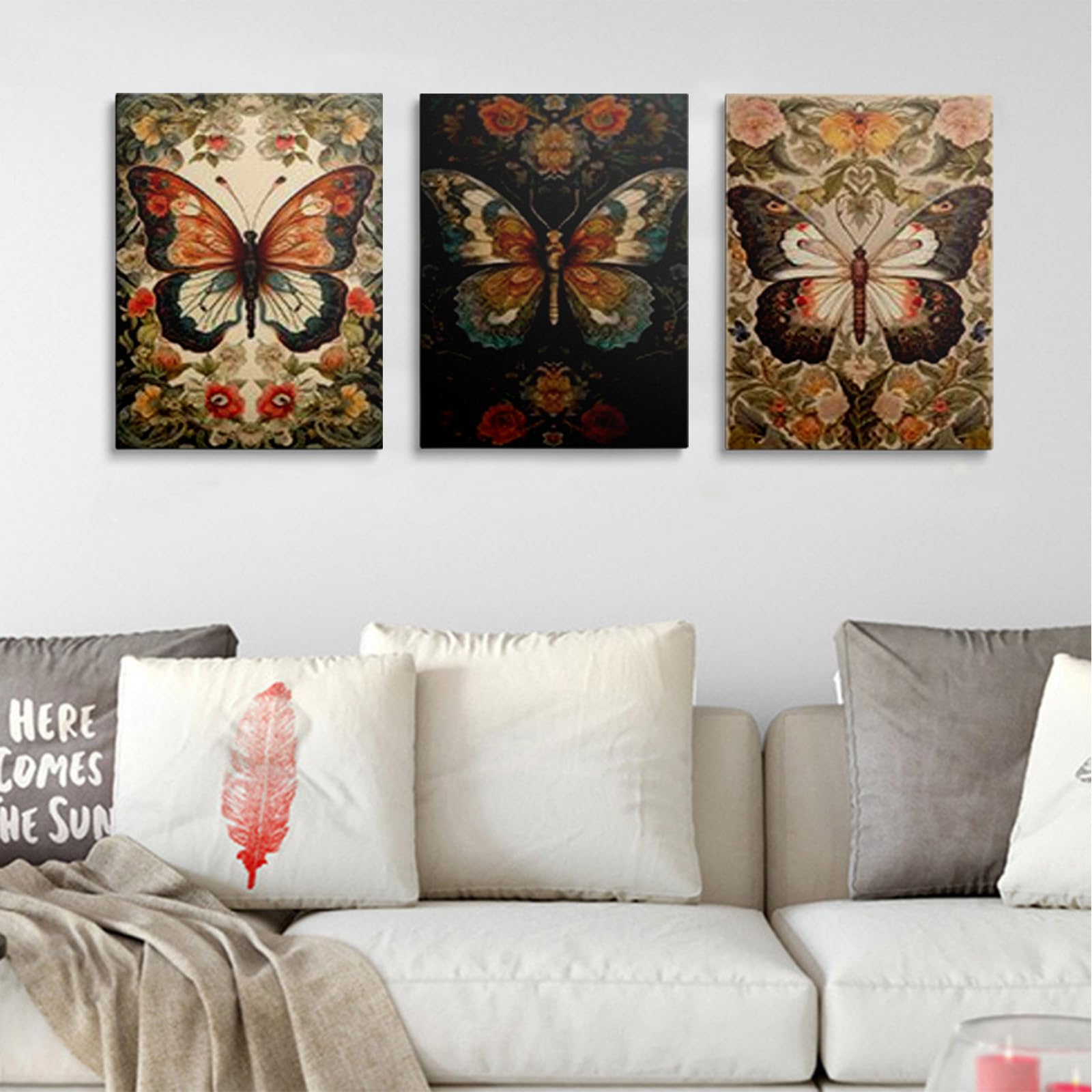 prinfantasy 3 Panels Framed Canvas Wall Art Abstract Butterfly Pictures Printing Poster Canvas Prints Wall Decor for Bedroom Living Room Bathroom Office Ready to Hang 30x40cmx3 Pcs GBYH1005 - Image 3