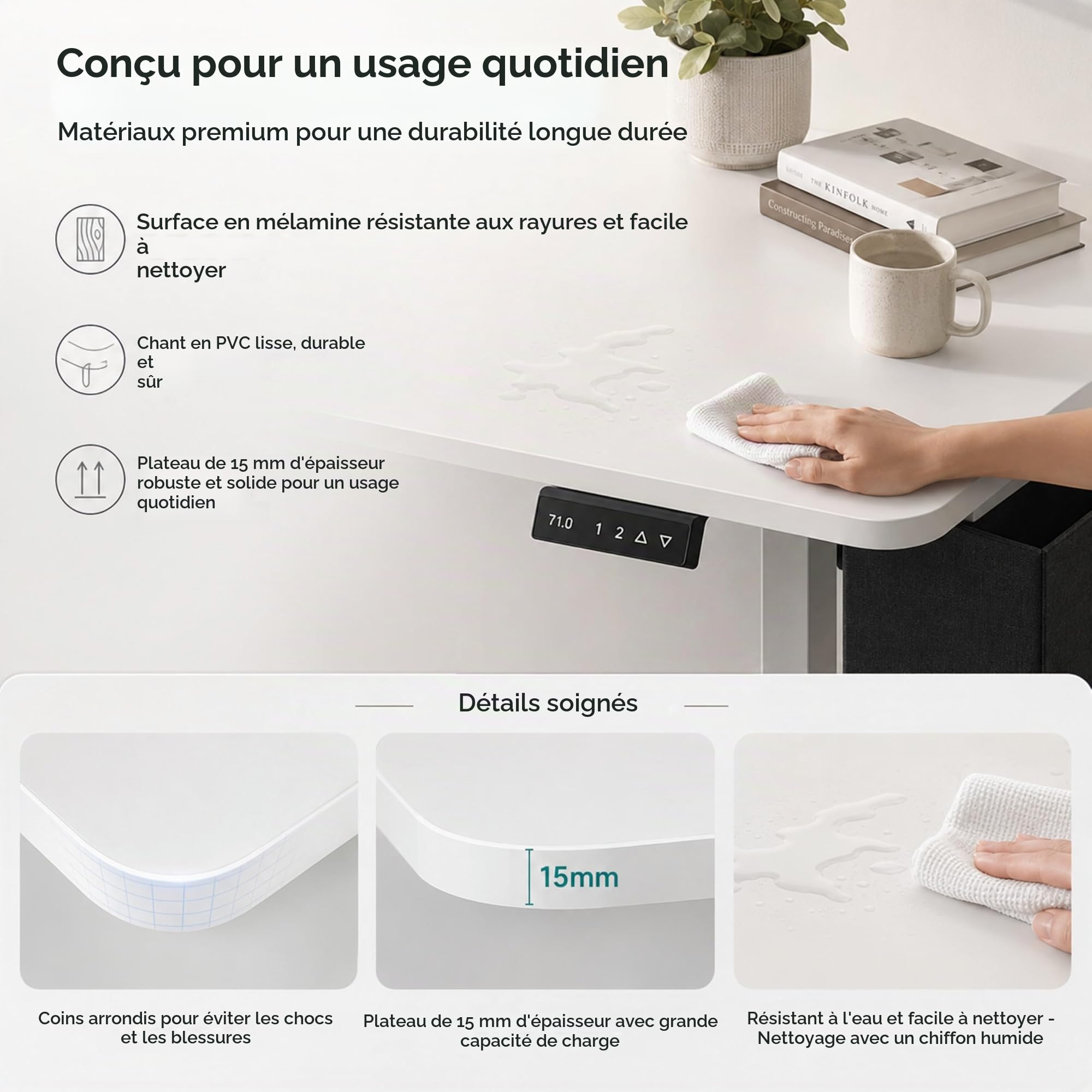 Bureau Assis Debout Électrique 160x75cm,Reglable en Hauteur 70 et 117,5 cm,avec Lumineuse,USB, Sac et Crochet,2 Fonction Mémoire,Bureau Gaming Electrique Rrgonomique,Blanc