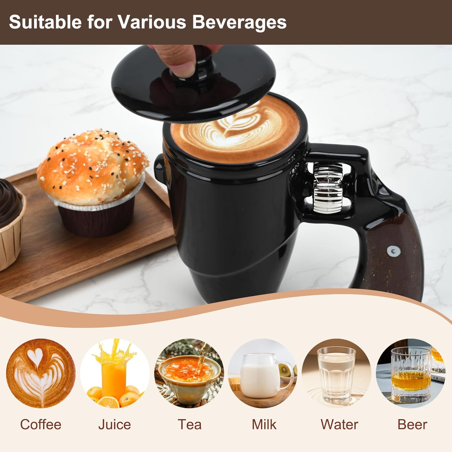 Revolver Gun Mug with Lid, Novelty Ceramic Coffee & Tea Cup with Spin Wheel Handle - Ideal Military Gifts for Men and Women, Coworker & Gun Enthusiasts(16 oz Black) - Image 6