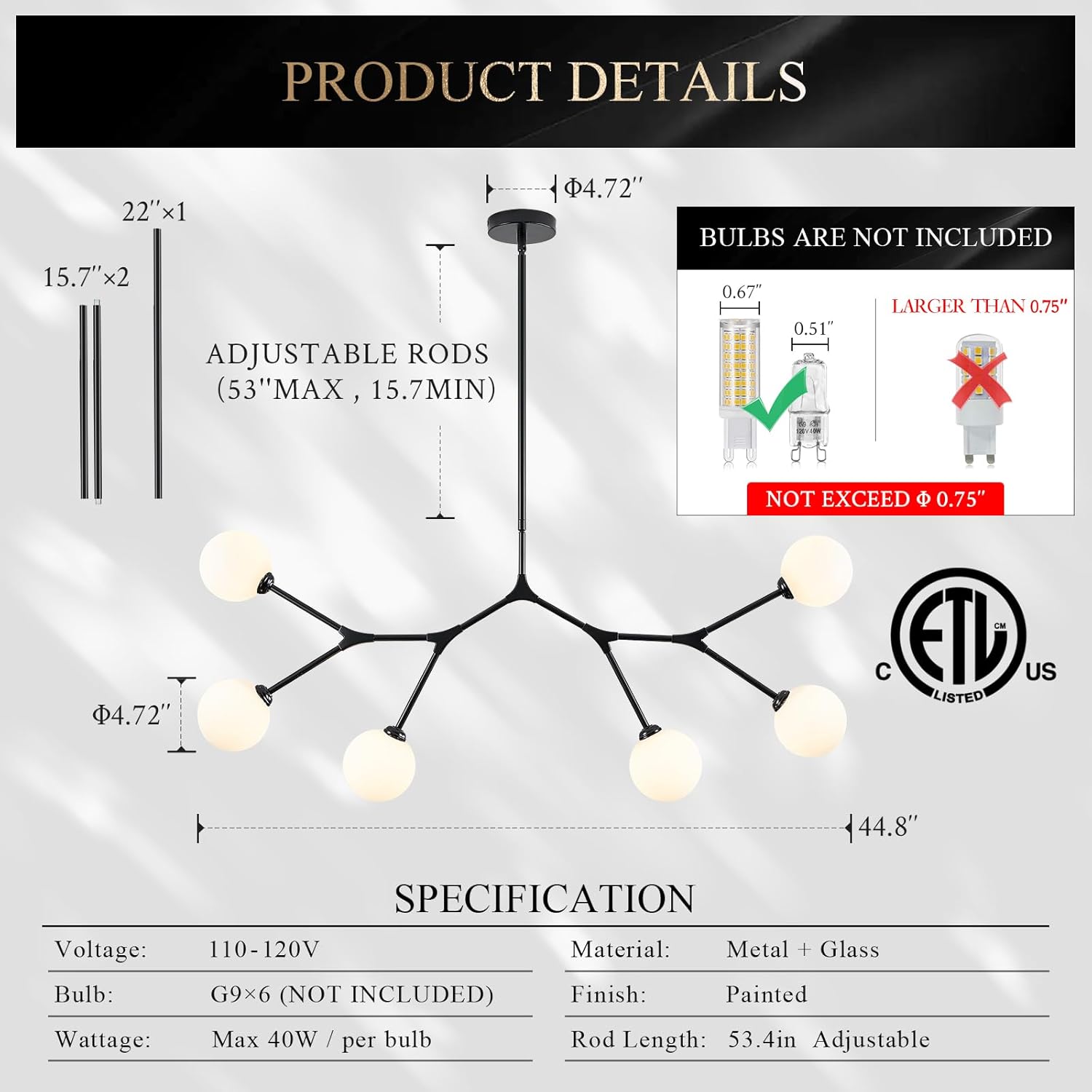 6 Lights Sputnik Chandelier for Dining Room L45’’ Black Modern Pendant Light Fixture with Milk Glass Shade Large Mid Century Chandeliers for Kitchen Island Living Room Foyer