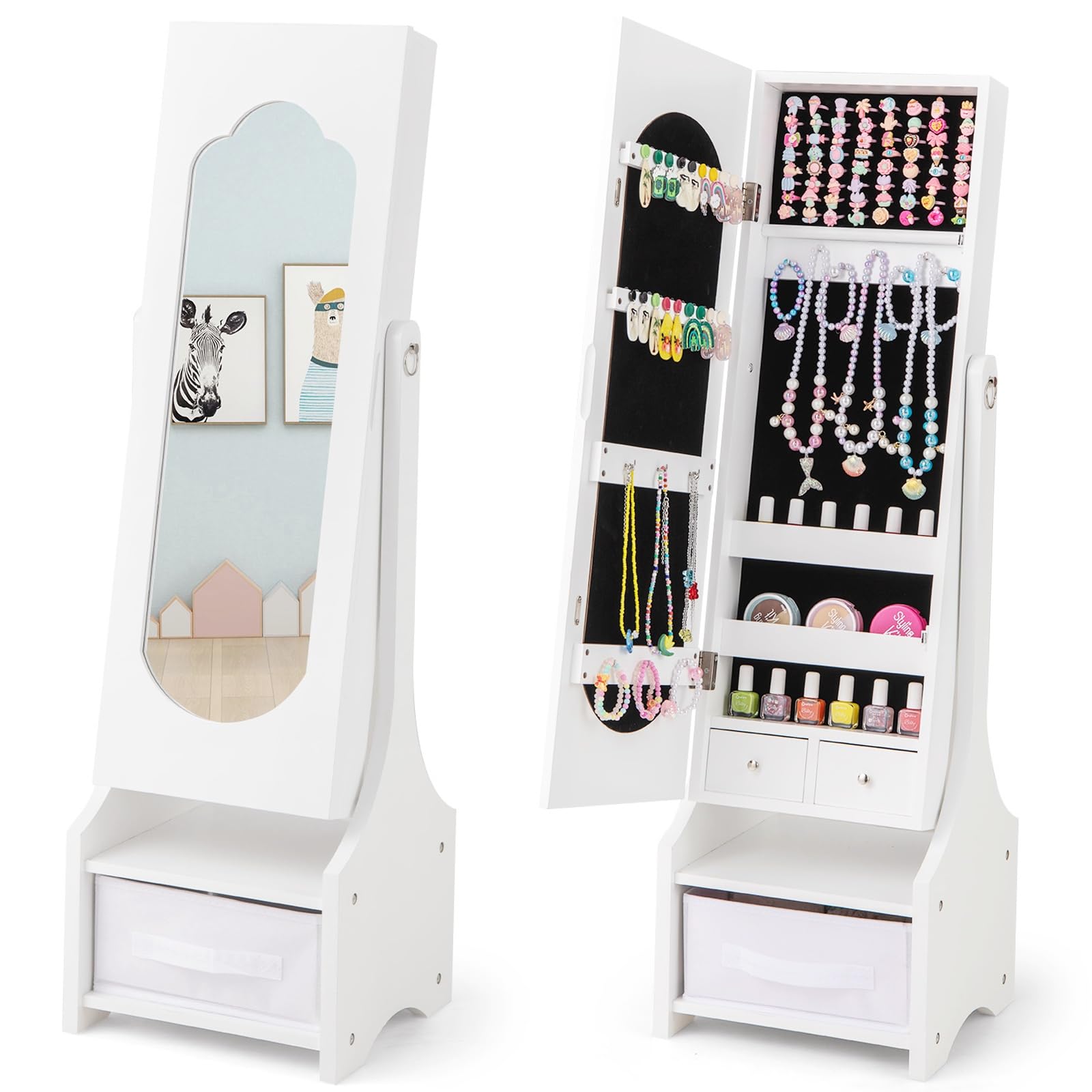 CHARMAID Kids Jewelry Armoire Cabinet - Standing jewelry Organizer for Girls, Full Length Mirror, Storage Drawers and Shelves, Kids Vanity Dressing Mirror with Storage (White)