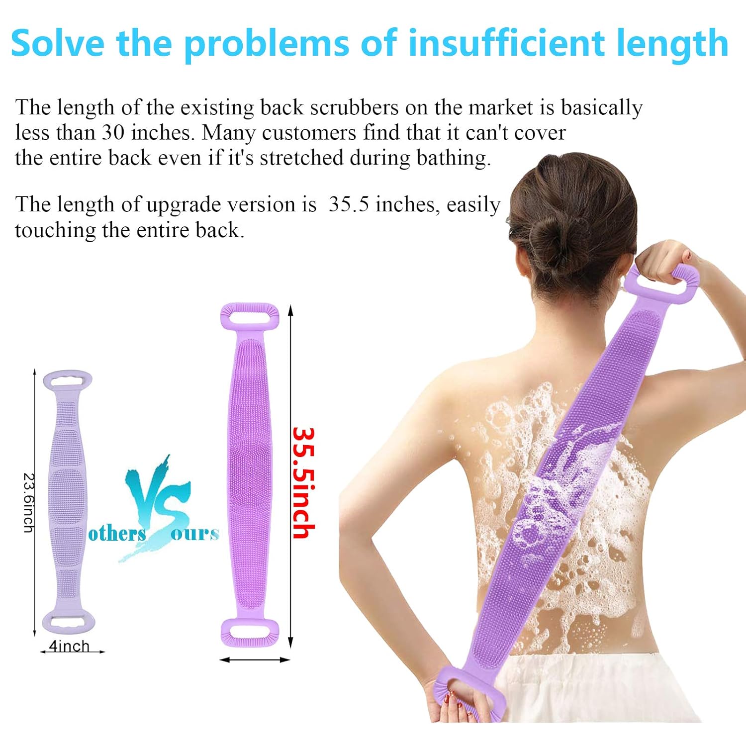 Back Scrubber for Shower, 35.5 inch Extra Long Silicone Bath Body Brush, Exfoliating Brush for Men and Women, Foams Easily, Skin Friendly Body Scrubber - Purple : Beauty