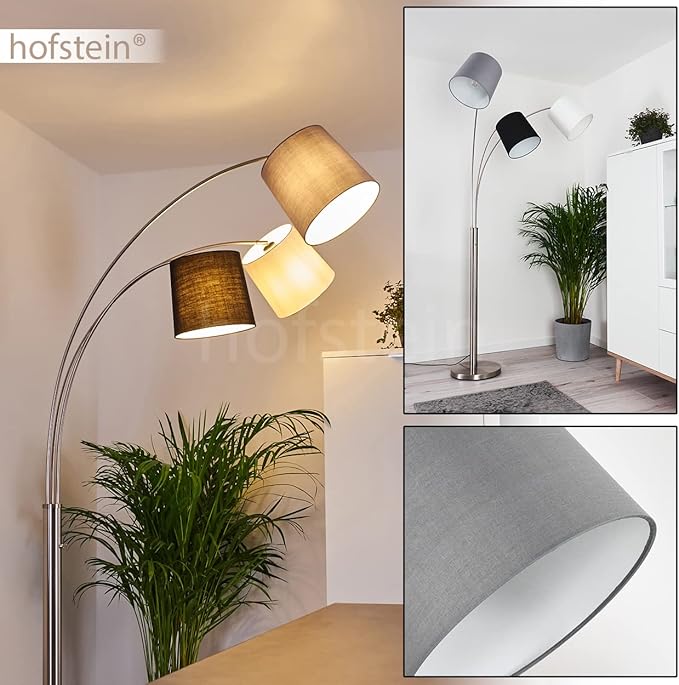 hofstein Vloerlamp Bernardino, moderne booglamp van metaal/stof in nikkelmat/grijs/zwart/wit, moderne vloerlamp met aan-/uitschakelaar op de behuizing, 3 vlammen, 3 x E27, zonder gloeilampen photo 2