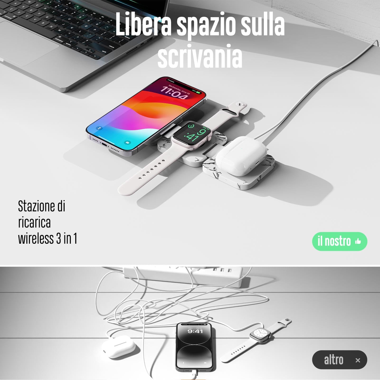 KU XIU 3 in 1 caricatore wireless per iphone, supporto magnetico pieghevole per iPhone 16/15/14/13/12 Pro/Plus/Pro Max/Mini, caricabatterie rapido da 5 W per Apple Watch 9/8/7/6/5/4/SE, per Airpods