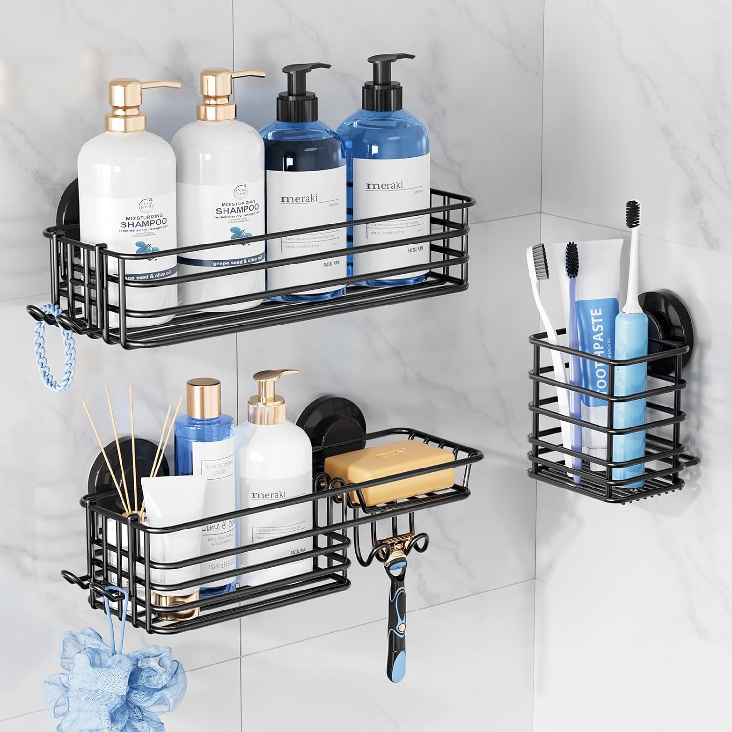 TAILI Shower Caddy Suction Cup, 3 Pack Shelves for Inside with Hooks & Soap Holder Toothbrush Cups, Removable Bathroom Organizer, Rustproof Black Shelves