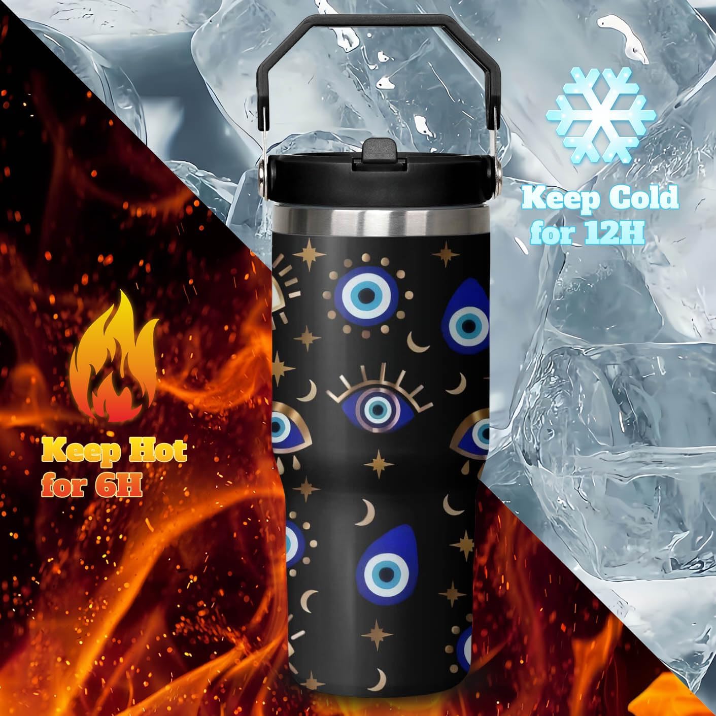 30oz Evil Eye Tumbler with Handle and Flip Straw, Evil Eyes Hand Stainless Steel Insulated Cup, Travel Coffee Mug Water Bottle, Birthday Gifts for Women Men