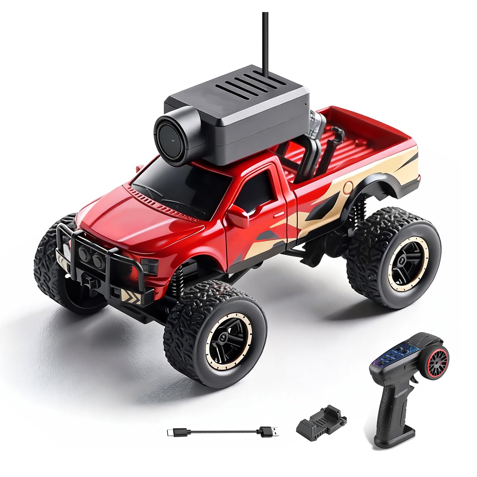 Dilwe Coche RC con Cámara 2,4G, Vehículo Todoterreno con Control Remoto con Cámara HD, Luces LED Giroscópicas Controladas por Aplicación para Conducción Inmersiva (Rojo)