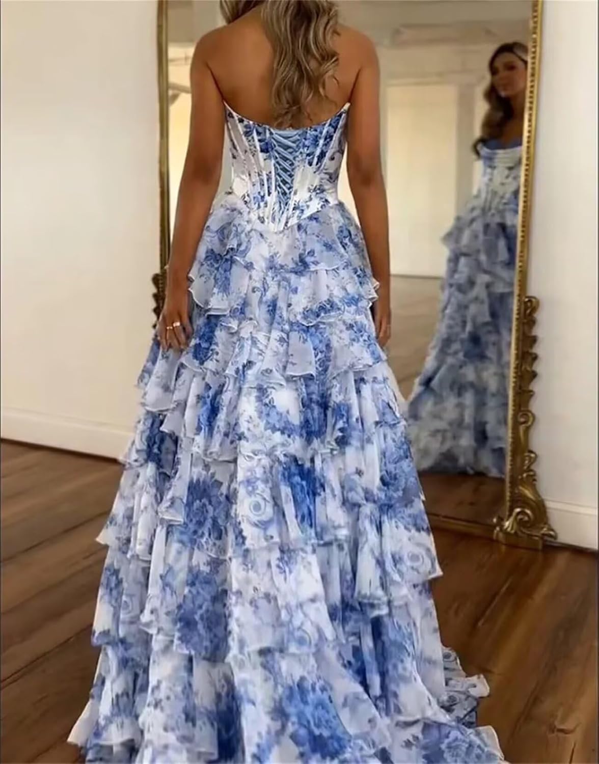 Eightale Tiered Ruffle Corset Prom Dresses Strapless Floral Print Long Formal Evening Ball Gown with Slit