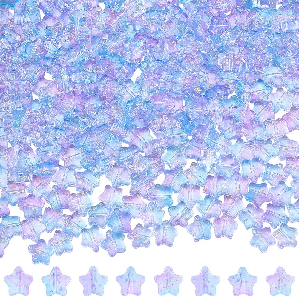 1 Box 300PCS Star Glass Beads with Glitter Powders Blue Purple Crystal Clear Spray Painted Transparent Spacer Loose Pony Bead Charm for Jewelry Making Bracelets Earrings DIY Craft Supply