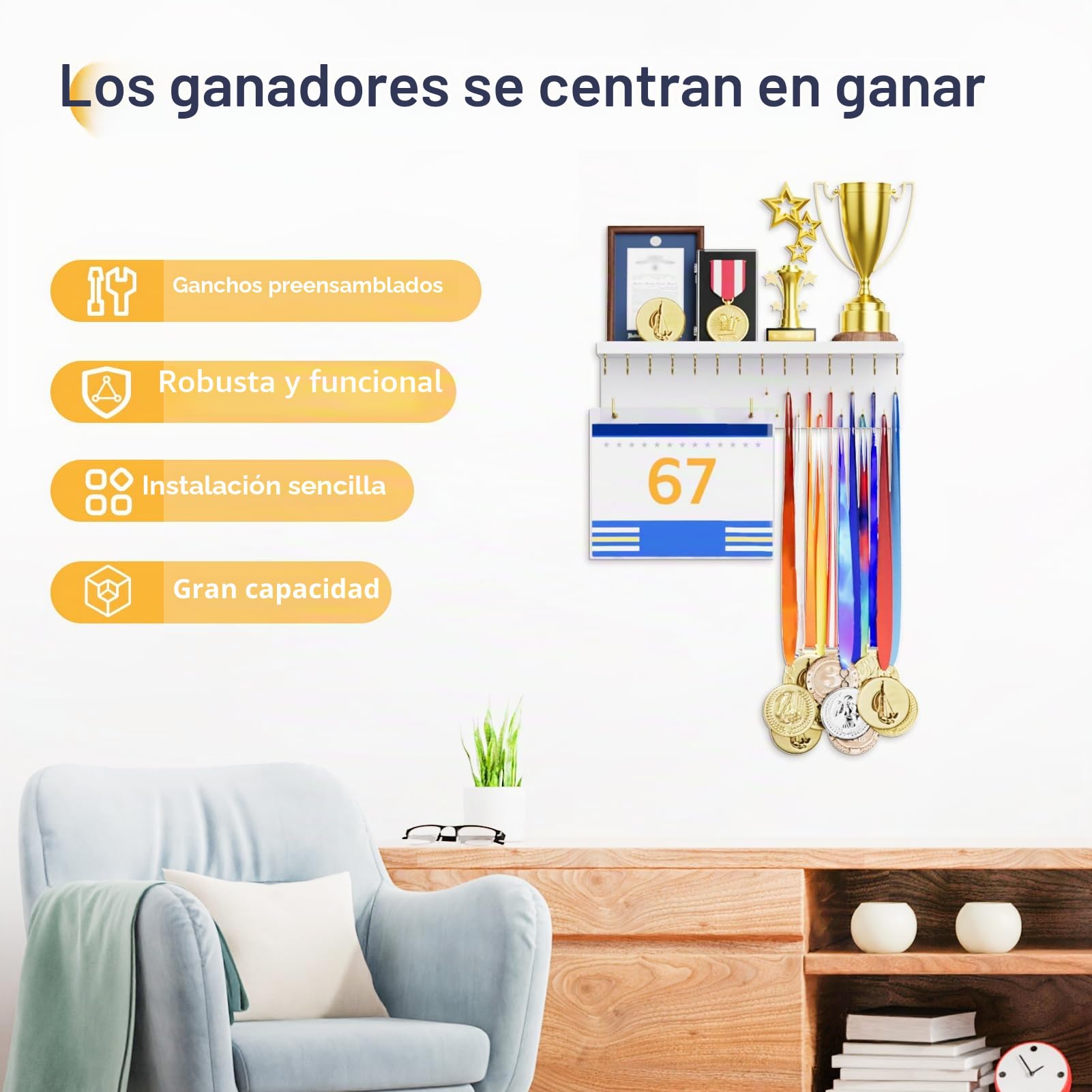 Soporte para medallas, organizador de trofeos, estante de madera resistente para colgar trofeos