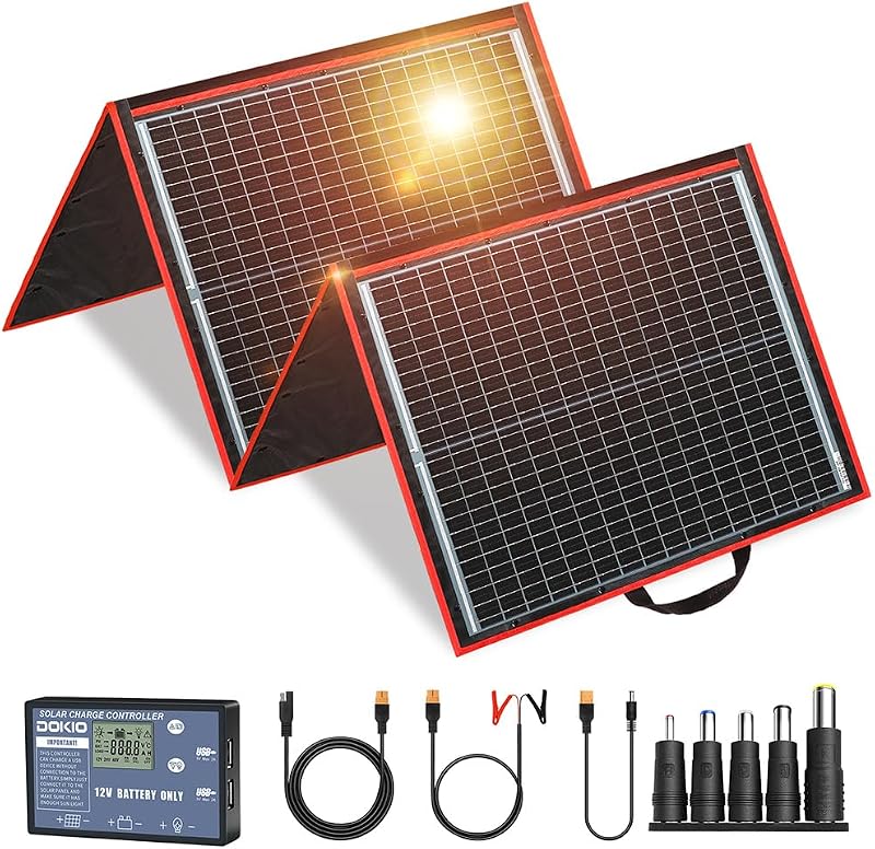 DOKIO Kit de panel solar plegable portátil de 150 W para carga de batería de 12 V | Se pliega a 20 x 21 pulgadas y pesa 7,3 libras; incluye controlador y doble USB; para baterías de 12V, centrales eléctricas y camping
