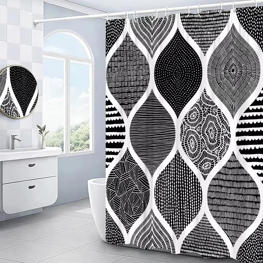 KELAIMI Bohemian Geometric Shower Curtain,Ethnic Bathroom Curtains,Modern Waterproof Machine Washable Bathtub Curtains with Hooks Black 180X180Cm