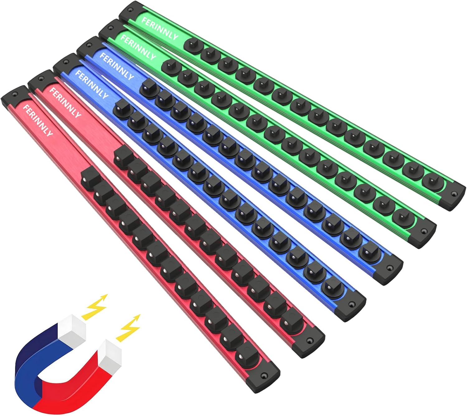 Magnetic Socket Holder Organizer Set, 6-Piece Heavy Duty Aluminum Alloy Socket Holder, 360° Swivel 1/2, 3/8, 1/4-Inch Sockets Trays Organizer Holds 80-Piece Standard Size