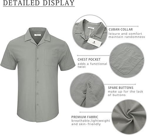 Vista 5 de JEKAOYI Camisas de lino con botones para hombre, de manga corta, cuello cubano, para verano, casual, con bolsillo