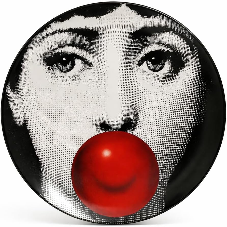 AlphaDesignLuxe 10" Italian-Style Decorative Plate – Modern Art Face Design, Handcrafted Ceramic Platter for Tabletop or Wall Display (Bubble Gum)