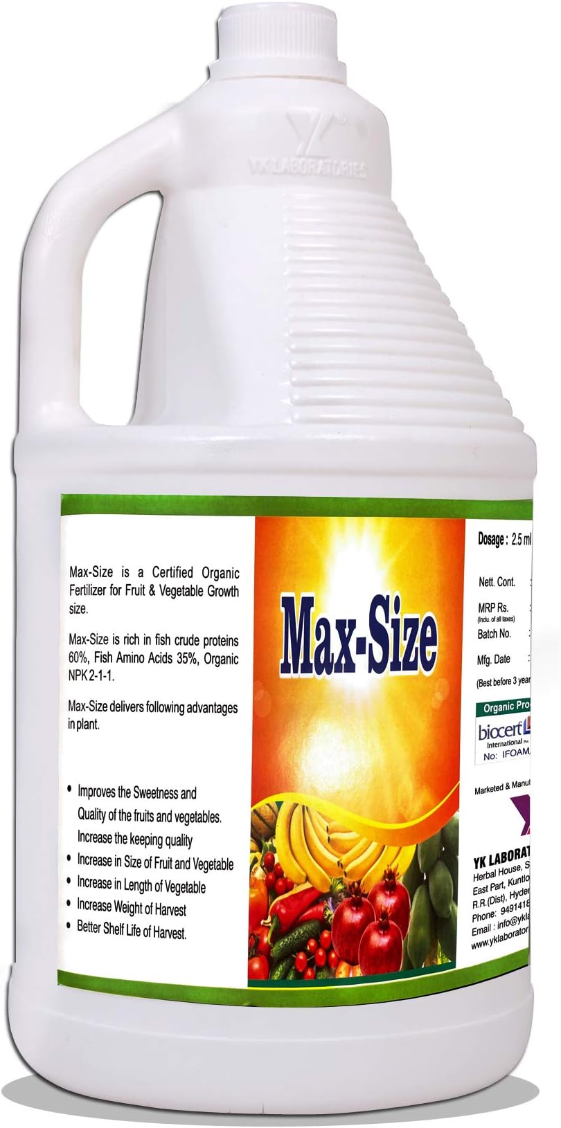 - Max Size Certified Organic Fertilizer For Fruits & Vegetables Size Growth - 5 Litre, Liquid