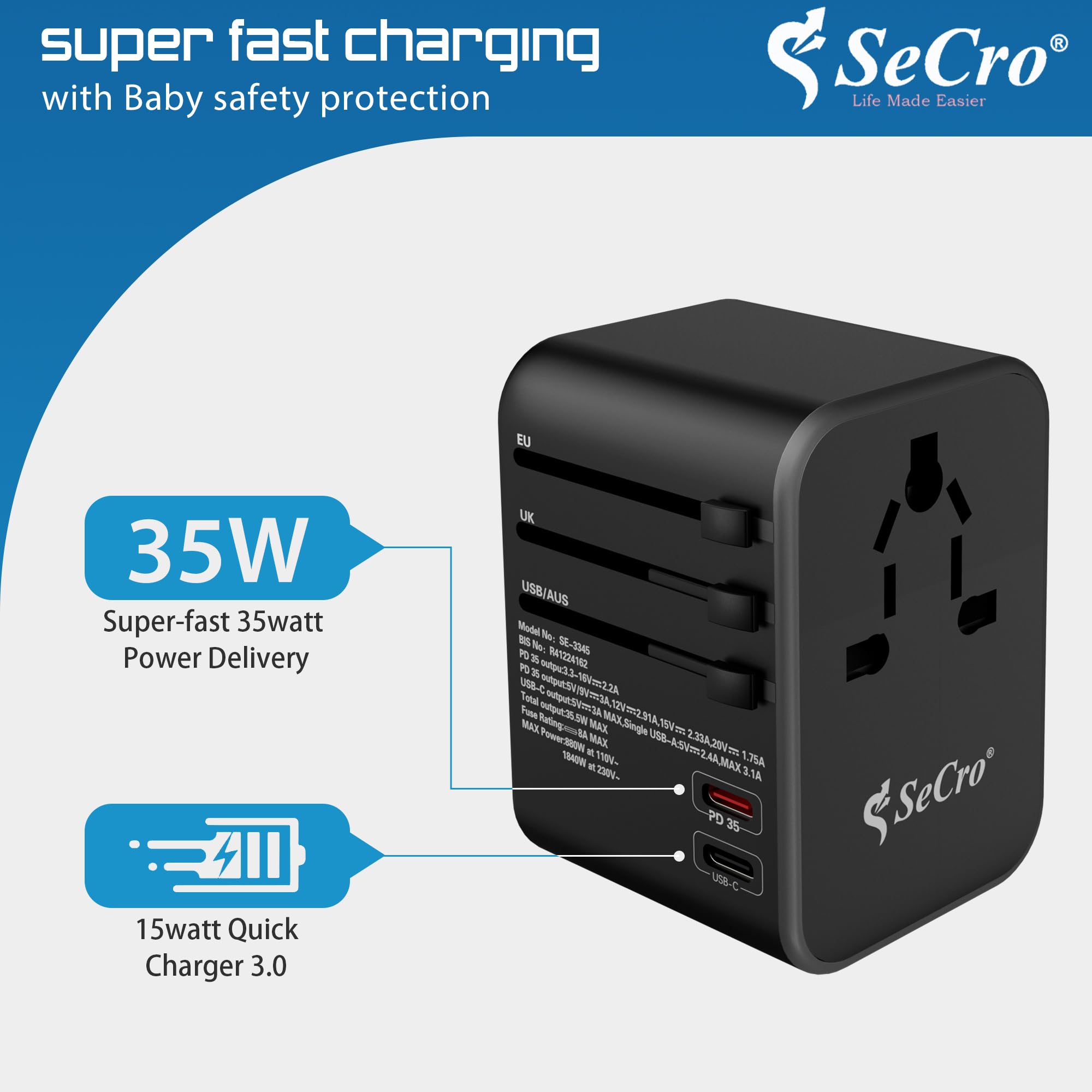 SeCro 6 in 1 Universal Charger Adapter, | 35W PD Fast Charger | 10 Years Warranty | International Travel Adapter with PD, Type C & 3 USB Ports | Worldwide Travel Charger Support +150 Countries — Amazon image 7