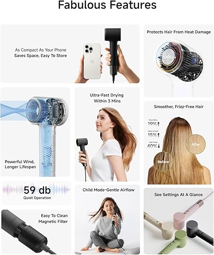 Miniatura 8 de Laifen Mini-secador de pelo, ligero y compacto, de alta velocidad, 656.2 ft, con potente motor de 110.000 RPM para secado rápido, bajo ruido