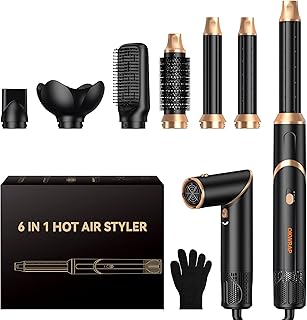 6 in 1 Hair Dryer Brush, Foldable Blow Dryer Brush with Air Styler Curler Wrap, Detachable Hot Air Brush Dry,Volumize, Straight,Curl, Negative Ion Brush Blow Dryer with Diffuser, Hair Styler Tools