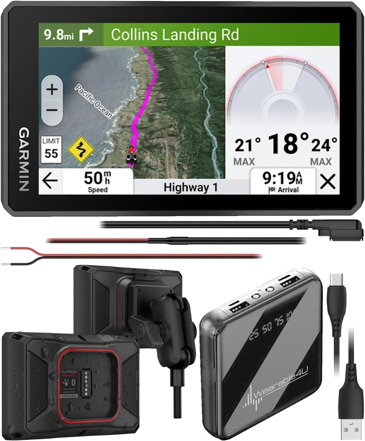 Garmin zumo XT3, 4.7” Rugged Motorcycle GPS, Lean Angles, Custom Route Planning, Adventurous Navigation, Garmin Performance Package Plan Option for Drag Racing Timer w/ Wearable4U PowerBank Bundle