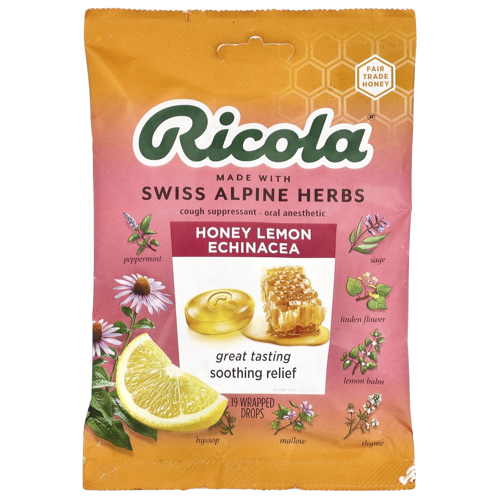 Ricola HoneyLemon with Echinacea Cough Suppressant Throat Drops, 19 Count (Pack of 1)