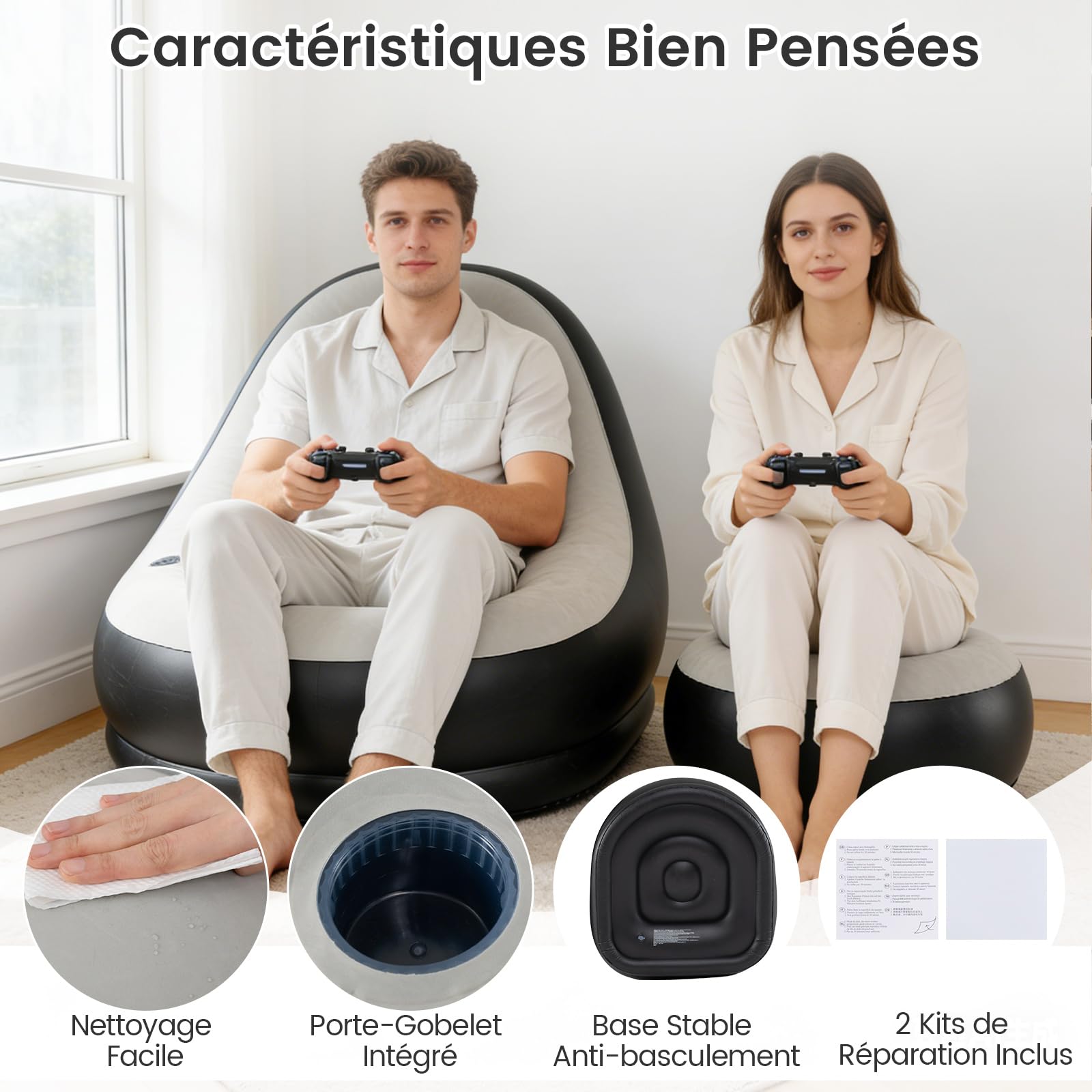 COSTWAY Canapé Gonflable avec Ottoman, Fauteuil Air Portable pour Adultes avec Surface Floquée Porte-gobelet Intégré, pour Extérieur Intérieur Camping Voyage, sans Pompe