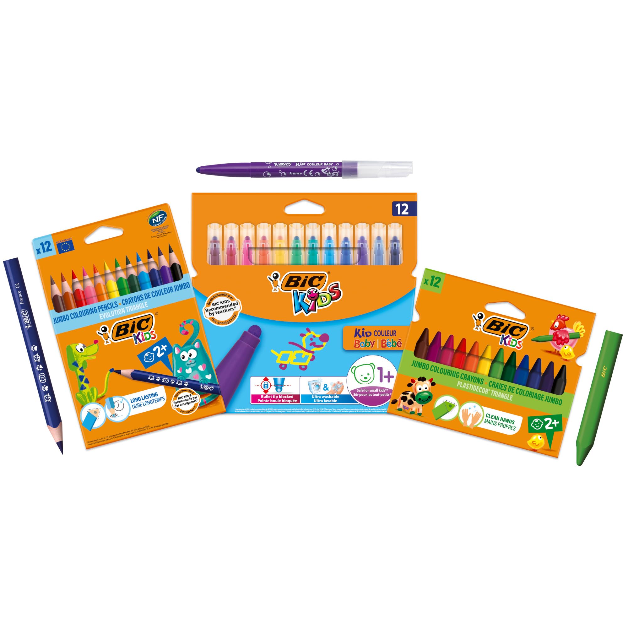BIC Kids Colouring Set Ideal for Children Under 5 Years Includes 12 Evolution ECOlutions Triangle Pencils, 12 Plastidecor Triangle Crayons and 12 Washable Markers. Set of 36