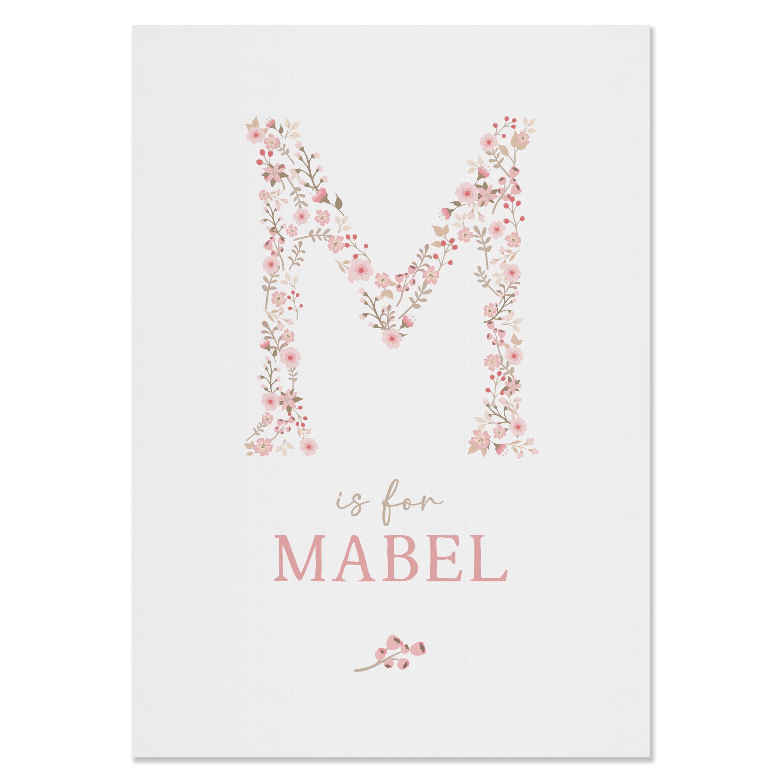 Personalised New Baby Girl Print Poster Card - Pink Floral Nursery Wall Art with Baby Name and Initial