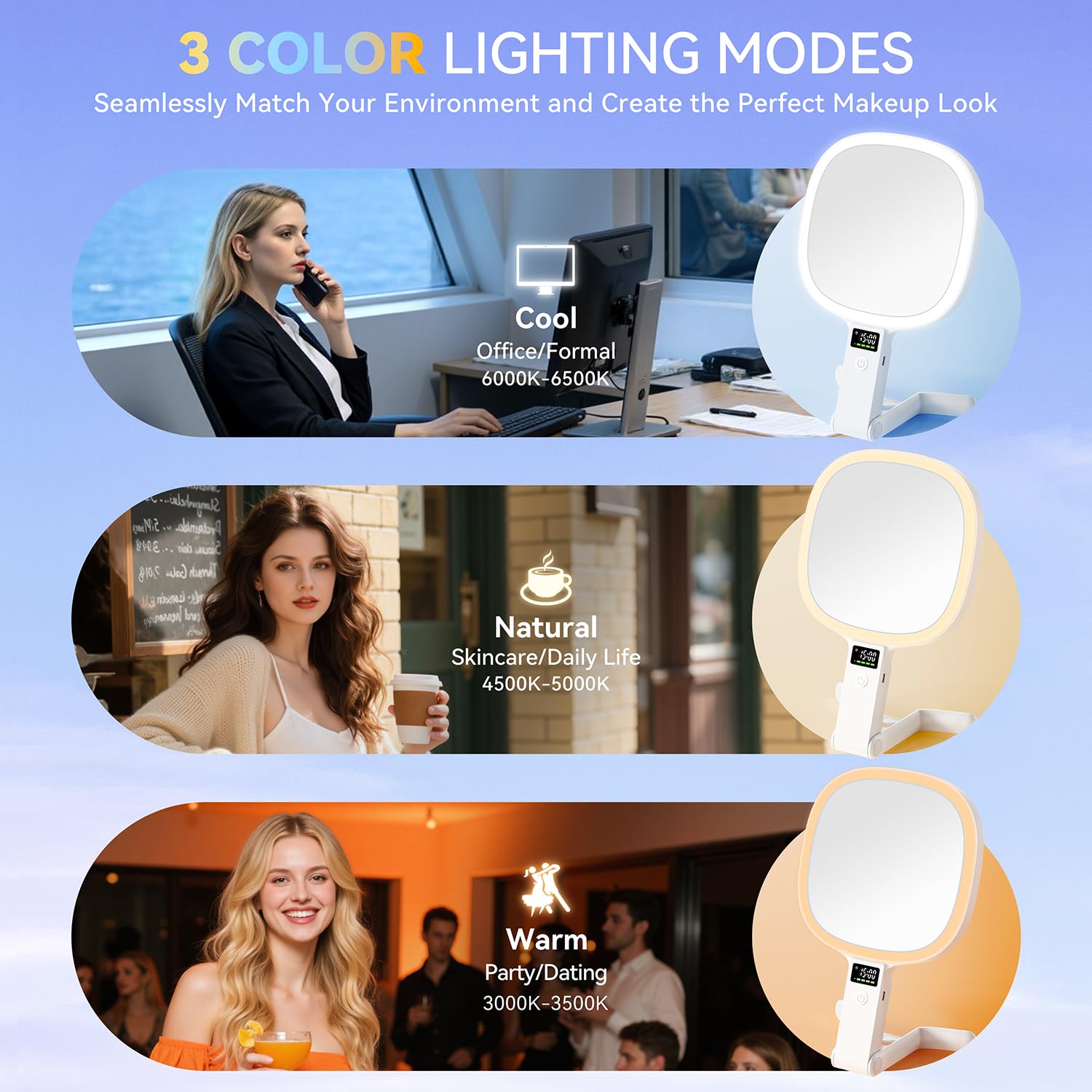 Auxmir Kosmetikspiegel mit Beleuchtung LED Display für Zeit/Akku/Helligkeit, 30X / 1X Schminkspiegel mit 3 Farben, Faltbar Vergrößerungsspiegel Reisespiegel Tischspiegel mit Licht für Zuhause Reise