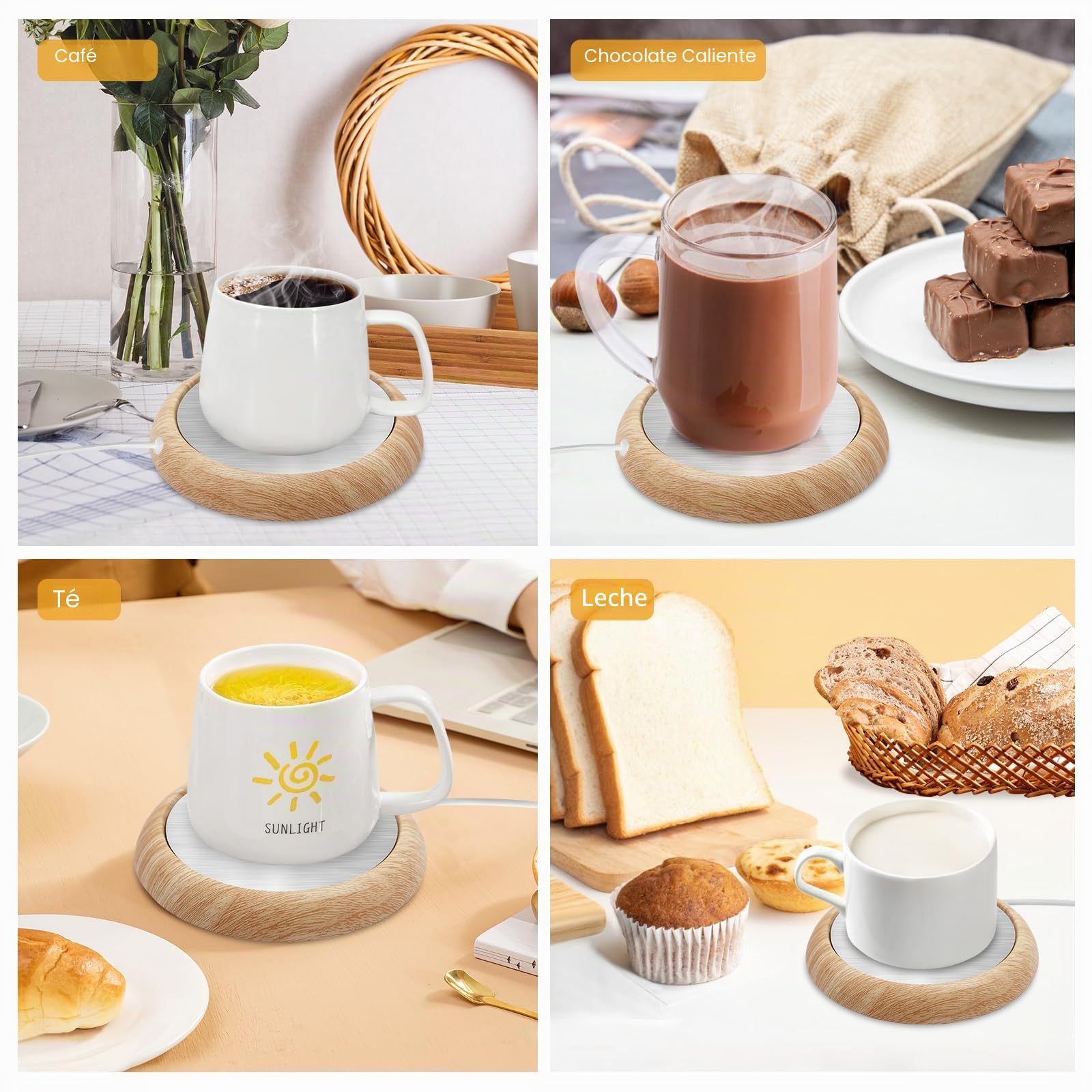 UniM - Calentador de taza por USB, para bebidas, café, tetera y uso doméstico (grano de madera oscura) amarillo