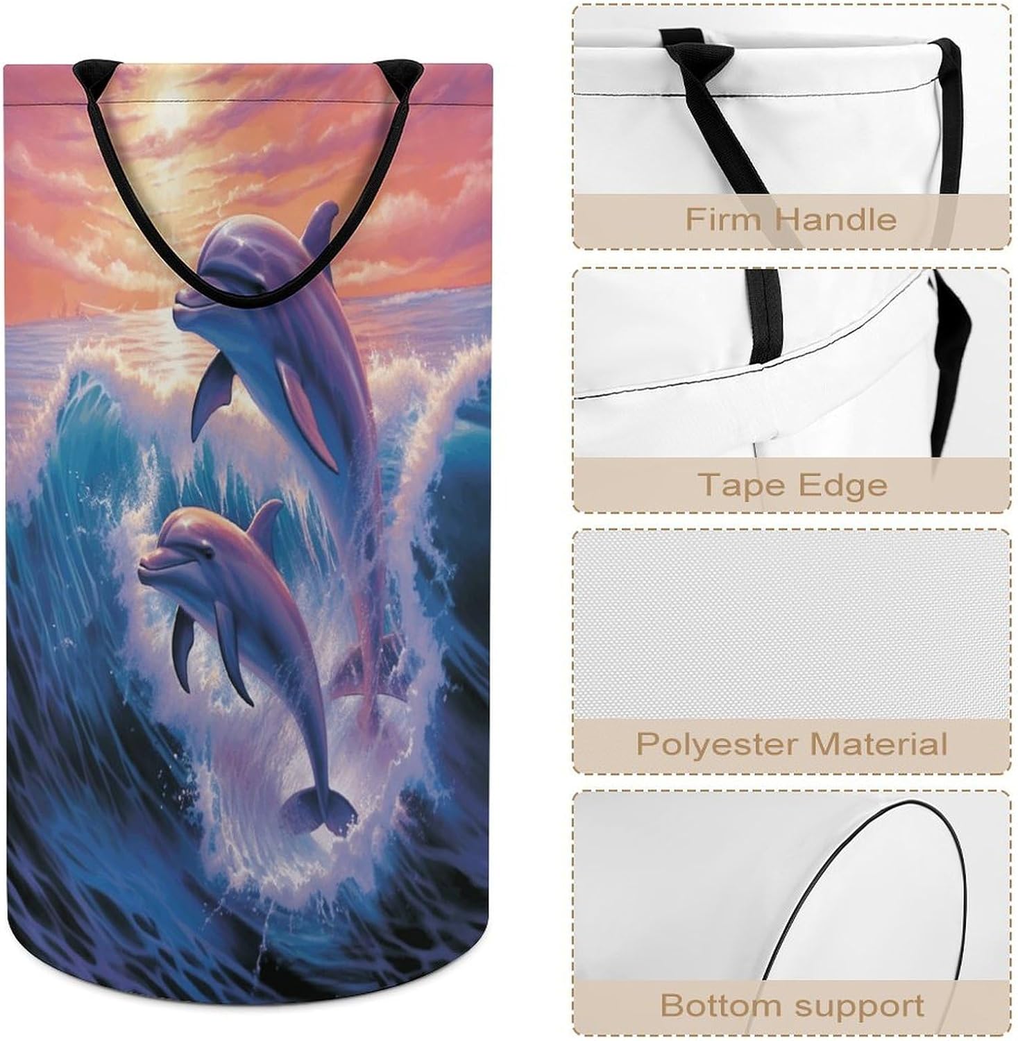 Dolphins Art Laundry Hamper Large Collapsible Laundry Baskets Clothes Storage Basket with Both Sides Handles Narrow Waterproof Clothes Hampers for Bedroom Travel