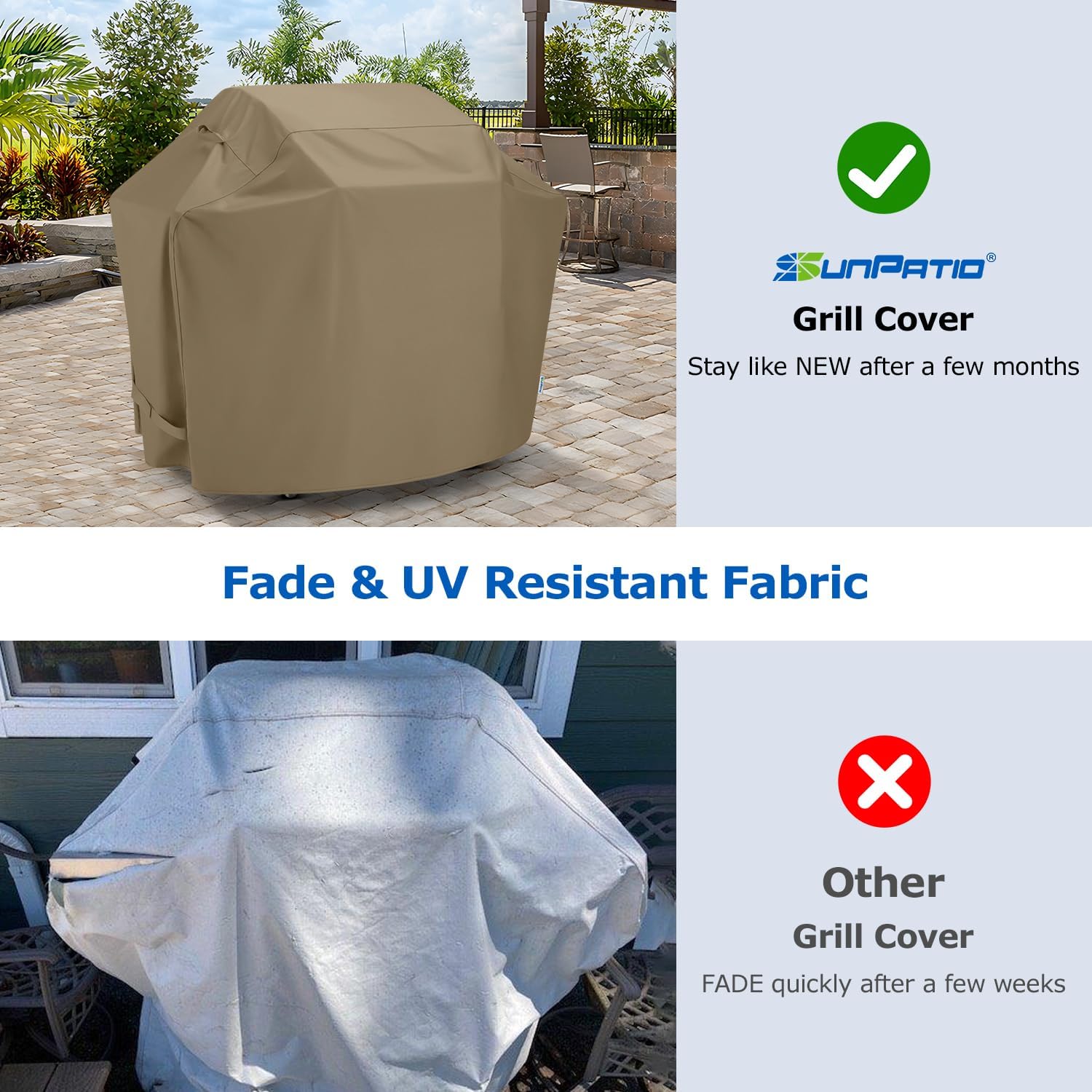 SunPatio Grill Cover 55 Inch for Outdoor Grill, Heavy Duty BBQ Cover with Waterproof Sealed Seam, FadeStop Material, All Weather Resistant Compatible for Weber CharBroil Nexgrill and More, Taupe - Image 3